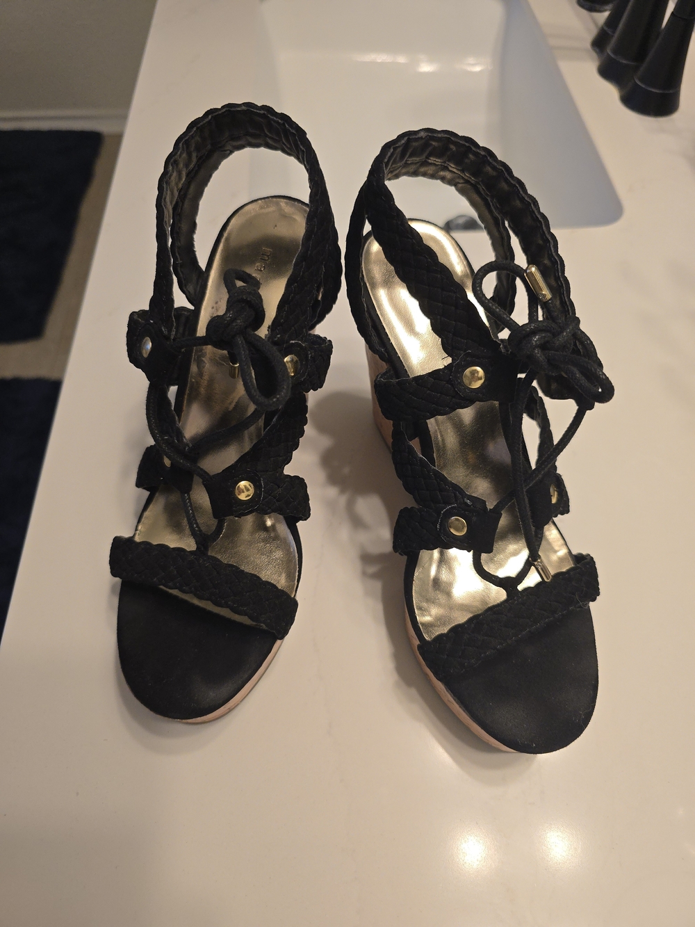 Madden Girl Black Braided Lace-Up Heeled Sandals with Gold Accents